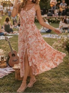Brovave Spaghetti Strap Pink‎ Floral Button-Front Midi Dress. Size Small. NWT.